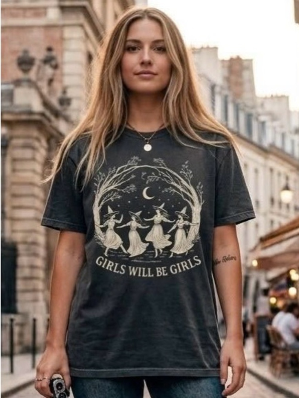 Girls Will Be Girls Witchy Graphic Tee Halloween Coven Dancing Witches T-Shirt